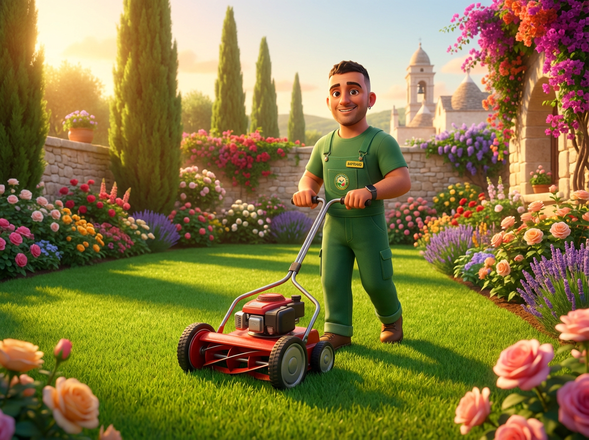 Antonio al lavoro nel giardino Pixar