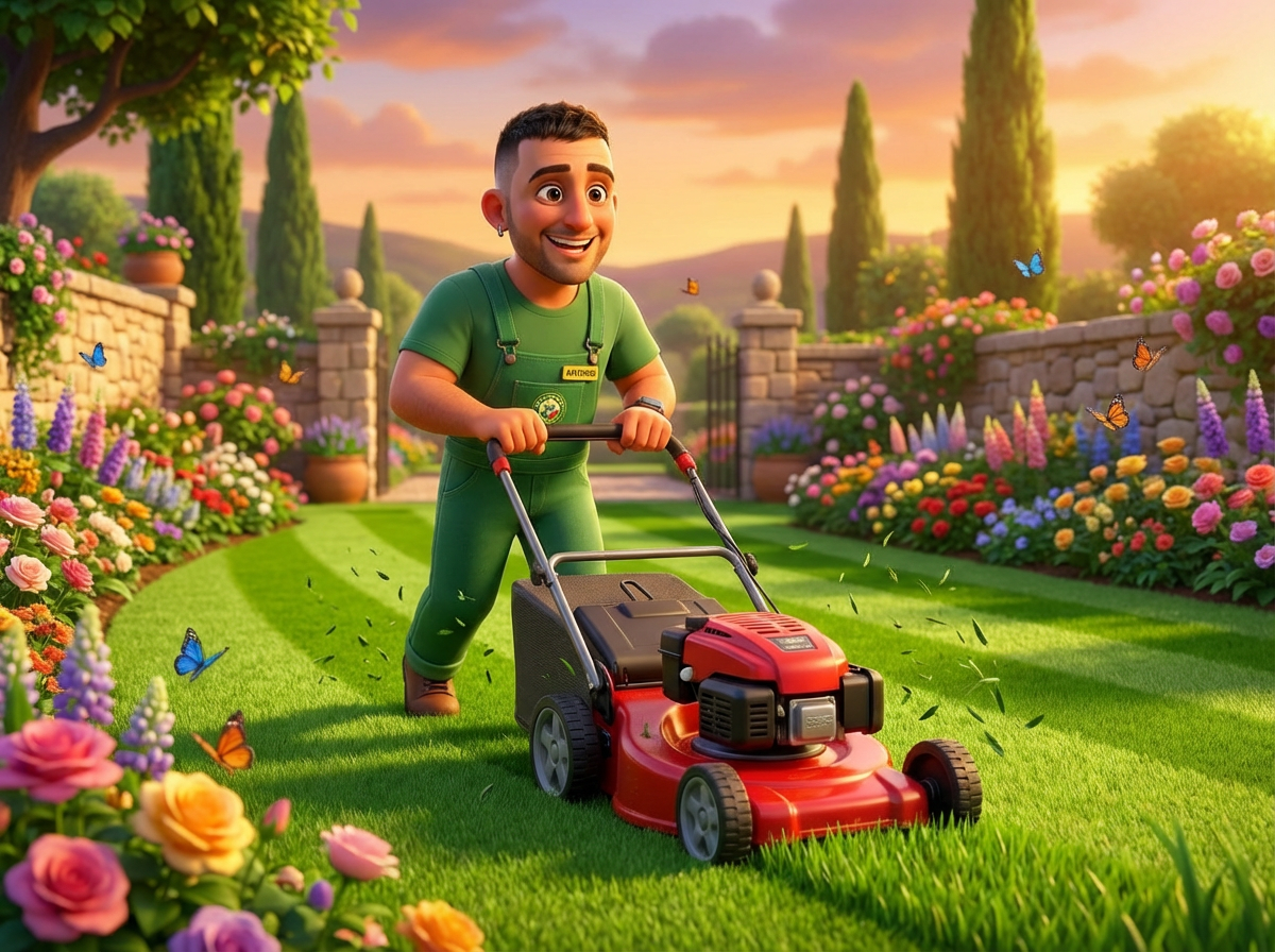Antonio taglia il prato con tosaerba Pixar