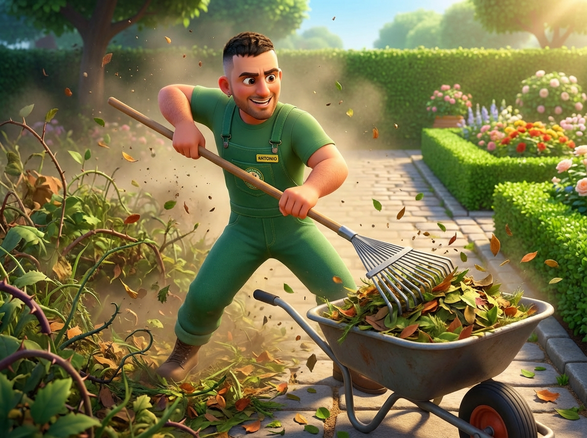 Antonio pulisce giardino con rastrello Pixar